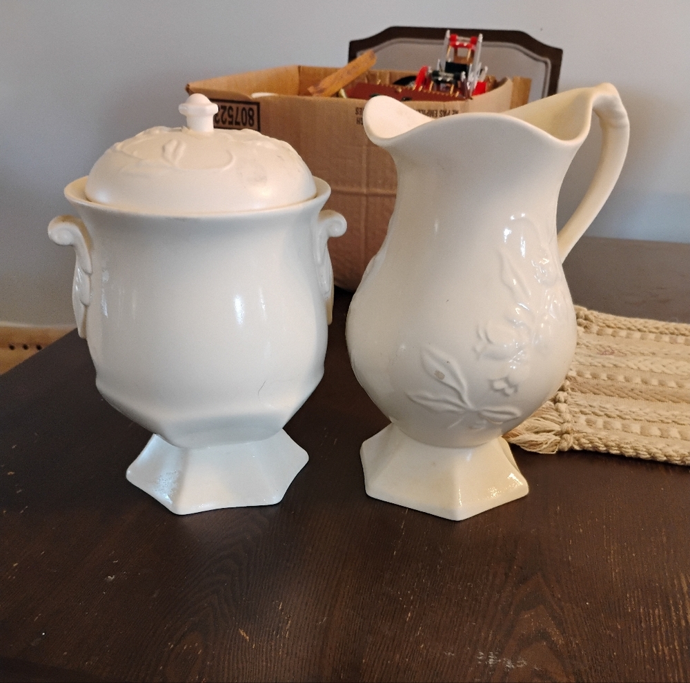 Elegant White Hallmark Ceramic Pitcher and Lidded Jar Set